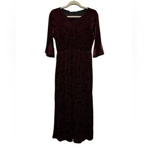 Chris & Carol Red Maroon Velvet Embossed Empire Waist Maxi Dress‎ Size Medium